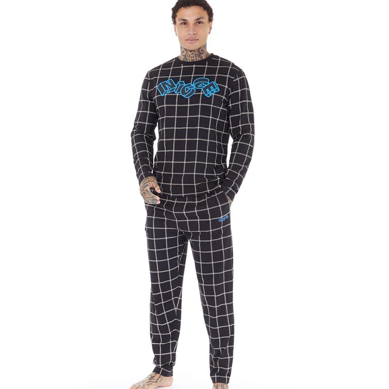 NICCE Mens Erith AOP Long Sleeve Top And Lounge Pants Set Black AOP