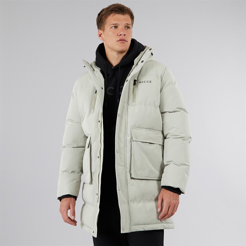 NICCE Mens Vespucci Long Zip Through Hooded Padded Parka Grey Stone - Size XS
