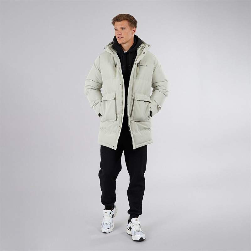 NICCE Mens Vespucci Long Zip Through Hooded Padded Parka Grey Stone