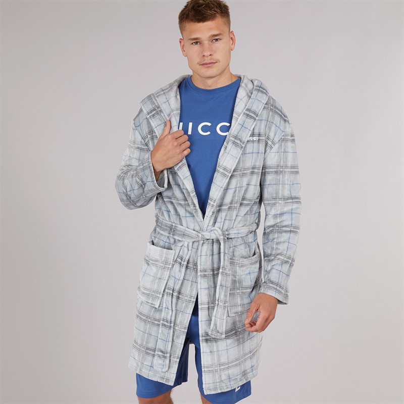 NICCE Mens Prestwich Hooded Coral Fleece Check Robe Circular Grey Check