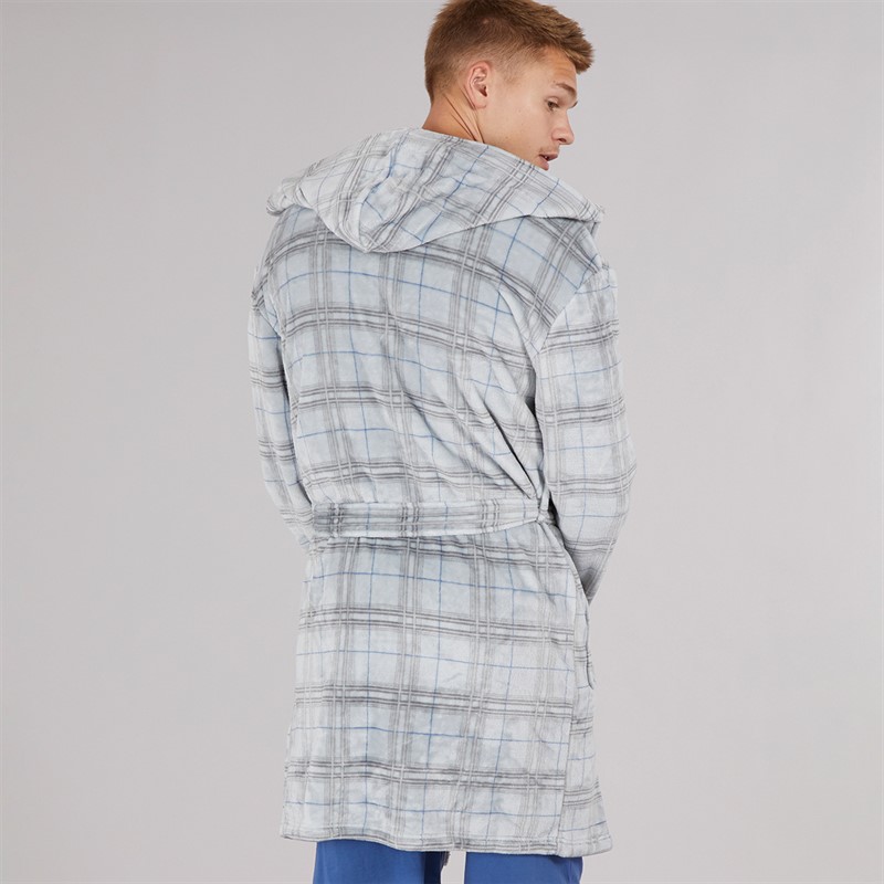 NICCE Mens Prestwich Hooded Coral Fleece Check Robe Circular Grey Check
