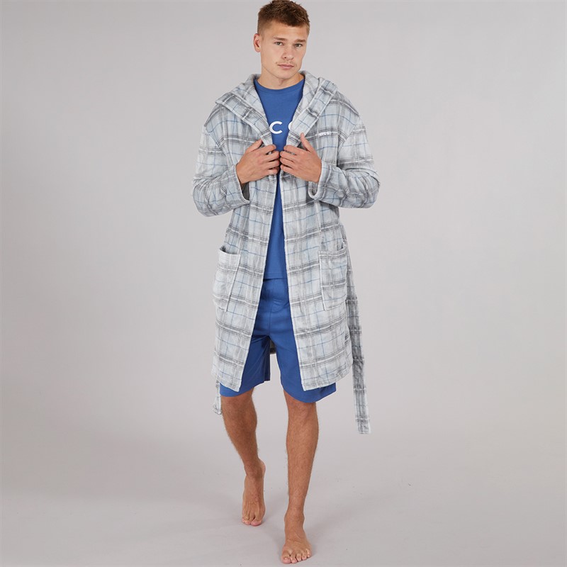 NICCE Mens Prestwich Hooded Coral Fleece Check Robe Circular Grey Check