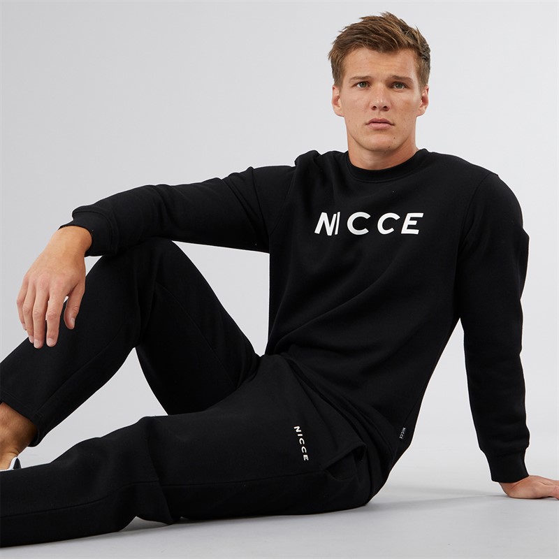 NICCE Mens Hemmi Crew Sweatshirt And Open Hem Joggers Tracksuit Black