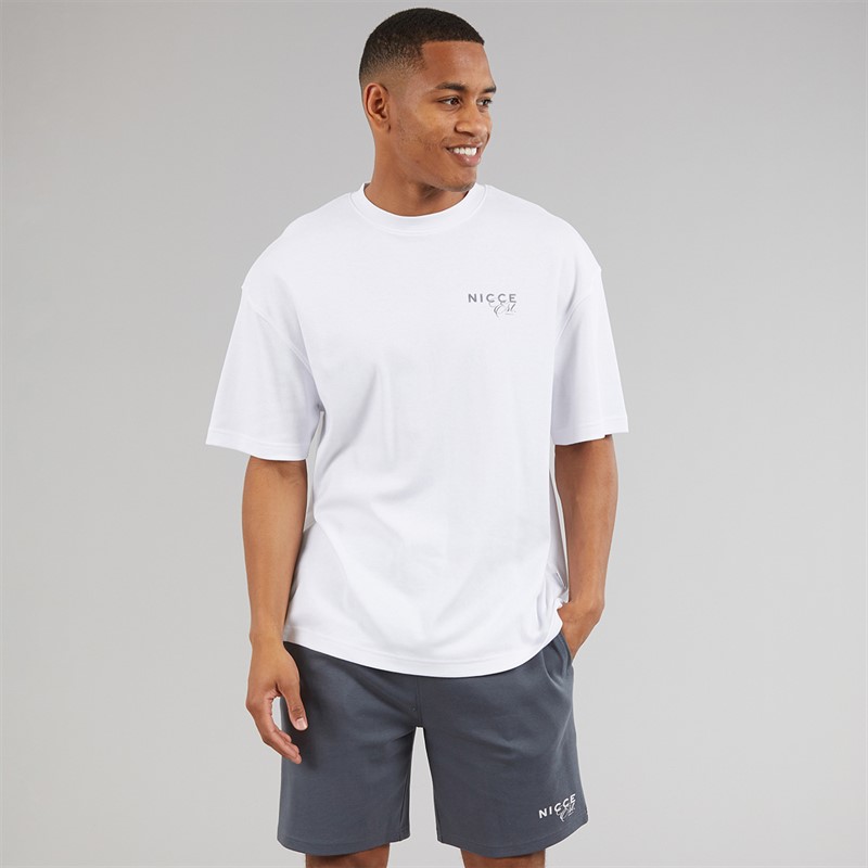 NICCE Mens Lovera Oversized T-Shirt And Jog Shorts Set White/Future Grey
