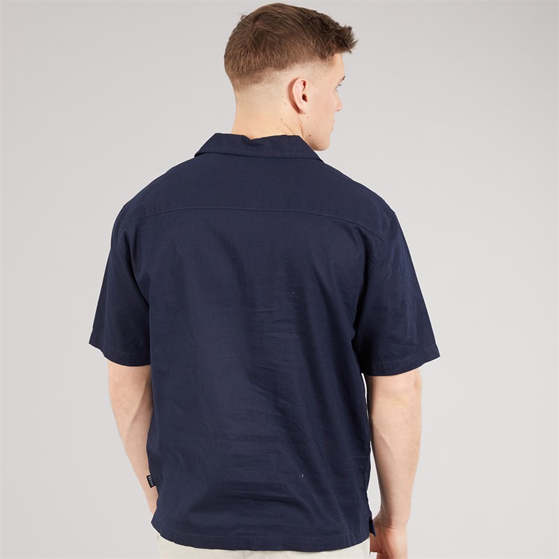 NICCE Mens Lichi Linen Revere Short Sleeve Shirt Dark Navy