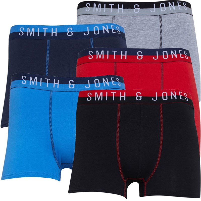 Buy Smith And Jones Mens Divided Five Pack Boxers Black/Blue/Red/Navy/Blue