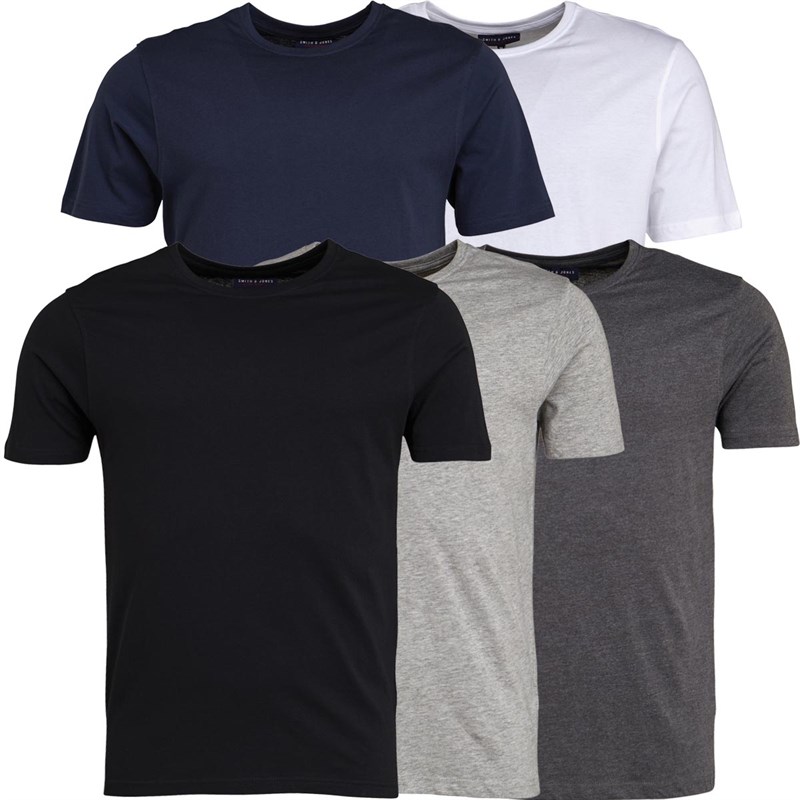 Smith And Jones Mens Lazeout Five Pack T-Shirt Black/Grey/White/Charcoal  Marl/Total Eclipse