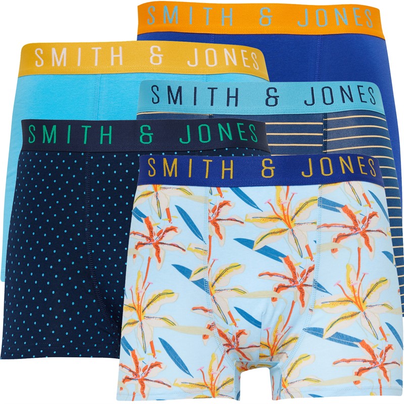 Buy Smith And Jones Mens Tropics Five Pack Boxers AOP/Cyan/Teal Stripe ...