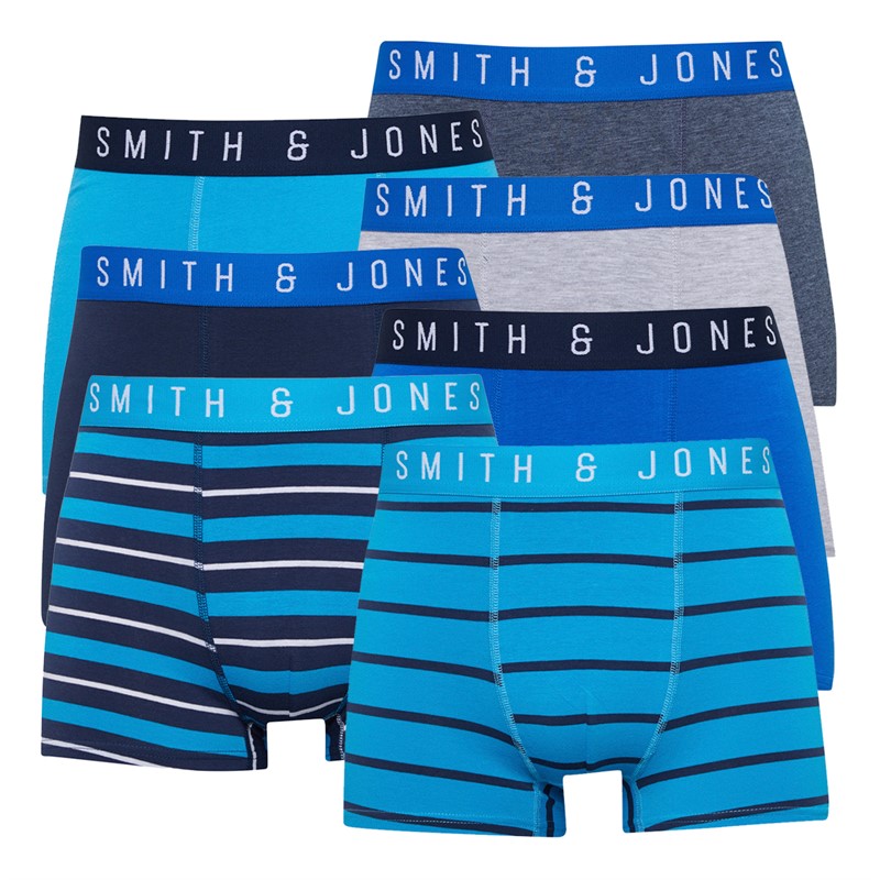 Smith And Jones Mens Sunnex Seven Pack Boxers Navy Marl/Bright Blue/Blue Stripe/Blue Stripe/Grey