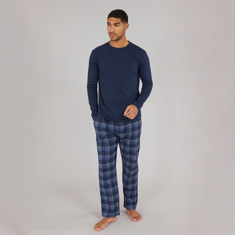 Smith And Jones Mens Yodollo Long Sleeve Lounge Top And Flannel Check Lounge Pants Set Navy