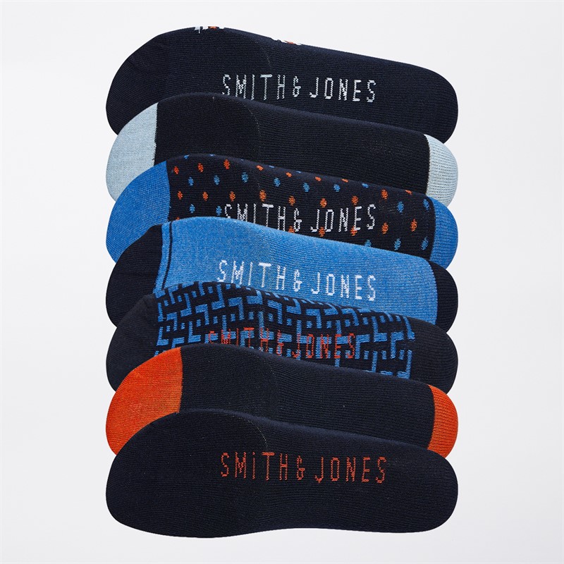 Smith And Jones Mens Norbie Seven Pack Stripe Socks Pattern/Navy/Polka/Blue/Stripe/Navy/Pattern/Navy