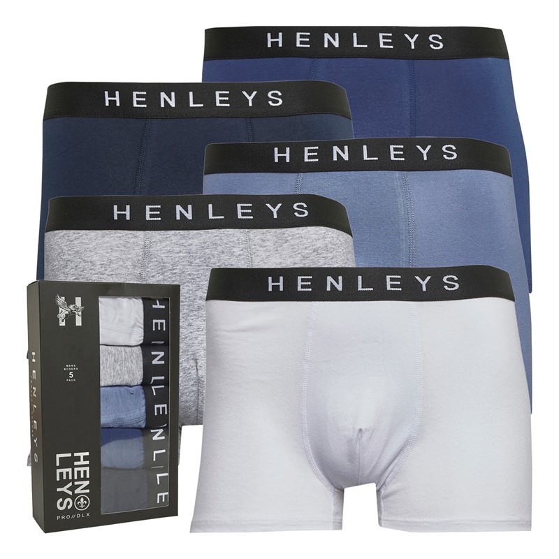 Henleys Mens Inkset Five Pack Boxer Shorts White/Grey Marl/Troposhere/Oceana/Total Eclipse