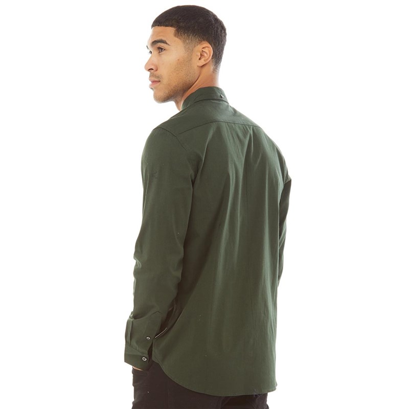 French Connection Mens Oxford Long Sleeve Shirt Solid Dark Green/Marine