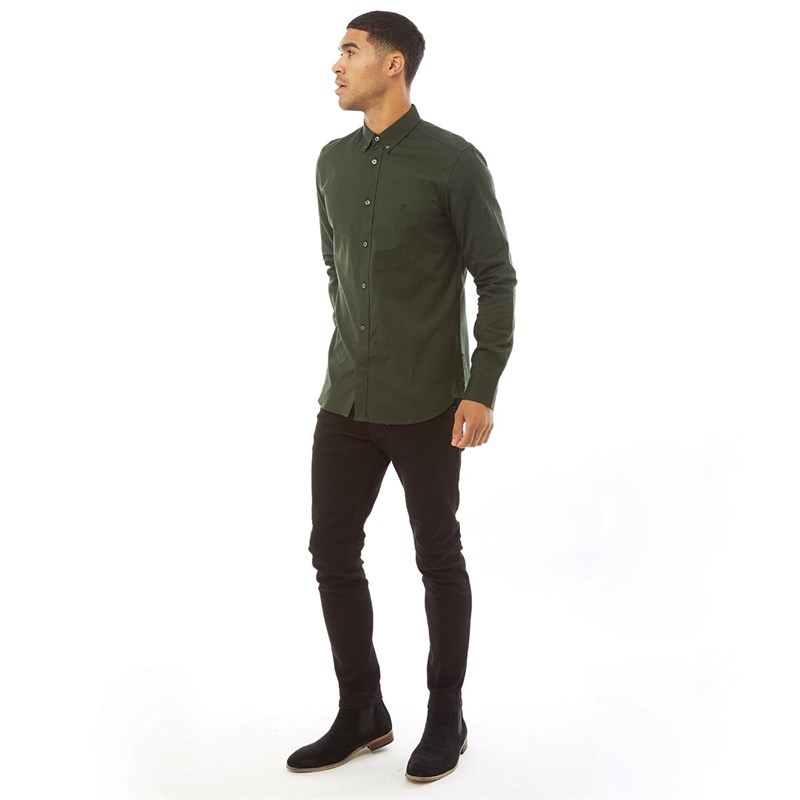 French Connection Mens Oxford Long Sleeve Shirt Solid Dark Green/Marine