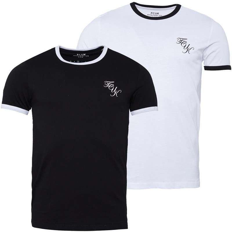 French Connection Mens Ringer Script T-Shirts Two Pack White/Black/Black/White