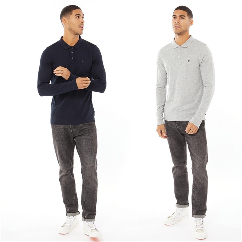 French Connection Mens J Long Sleeve Two Pack Polos Marine/Light Grey Melange