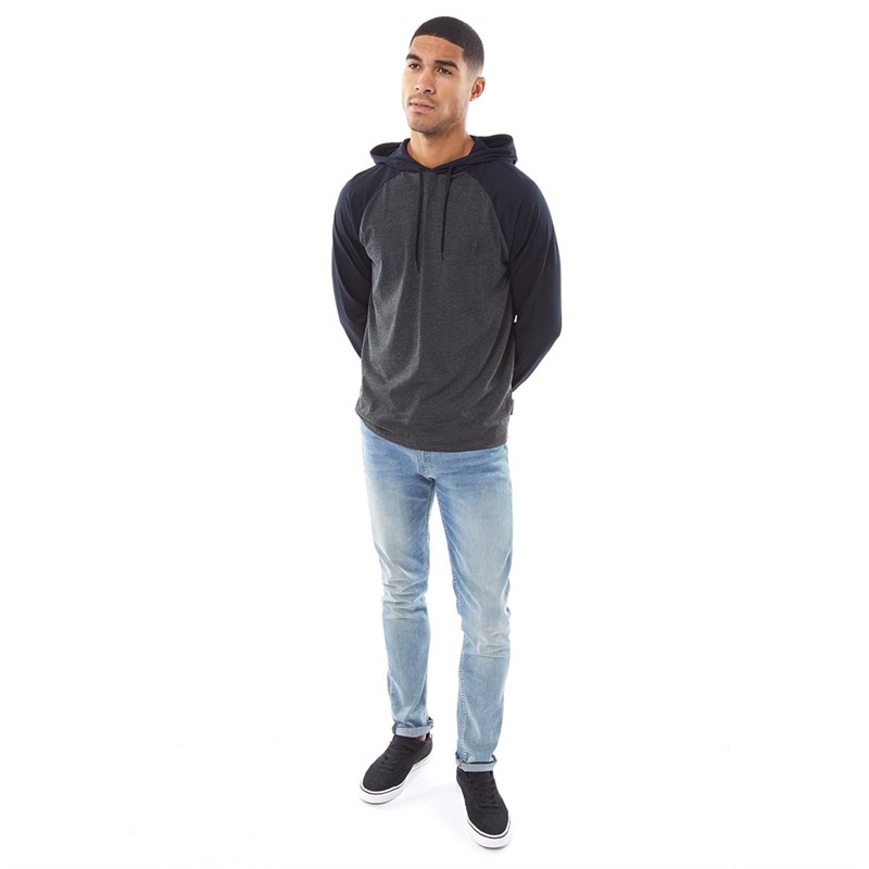 French Connection Mens Hooded Raglan Long Sleeve Top Charcoal Melange/Marine