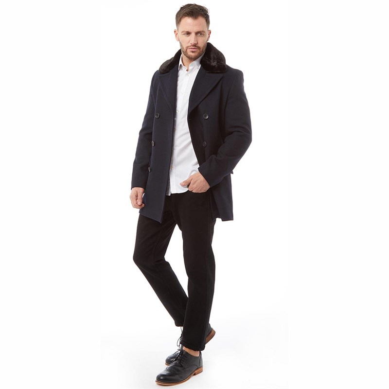 French Connection Herren Zweireiher Kunstfell Lined Mantel Navy