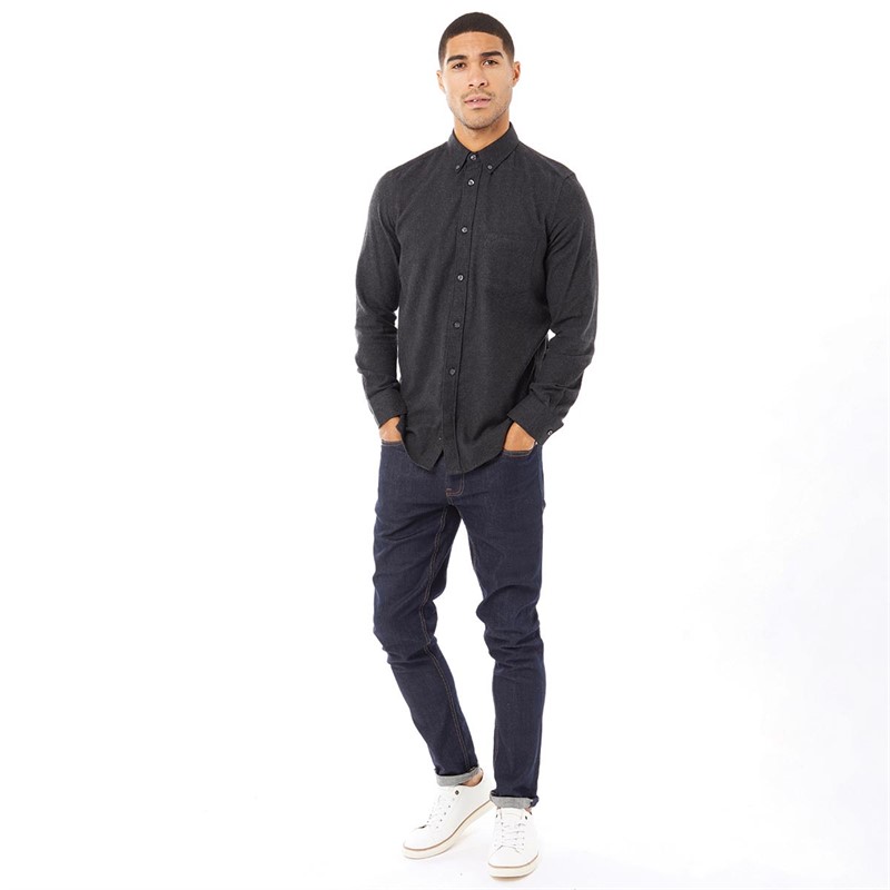 French Connection Mens Plain Flannel Long Sleeve Shirt Charcoal Melange