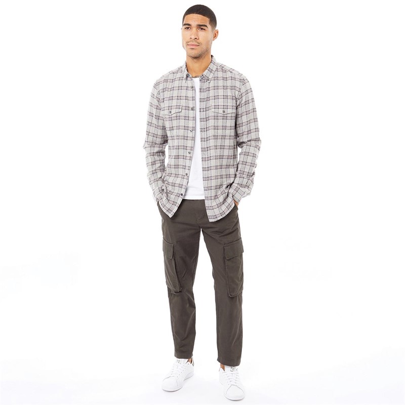 French Connection Mens Square Check Pocket Flannel Long Sleeve Shirt Light Grey Melange/Marine