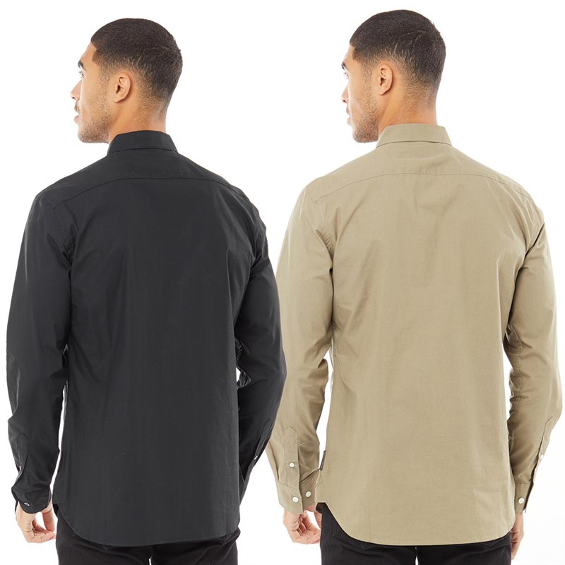 French Connection Mens Plain Logo Long Sleeve Two Pack Shirts Khaki/Black