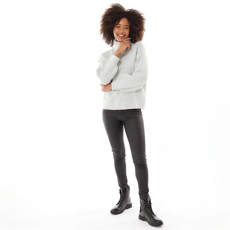 French Connection Womens Cable Knit Roll Neck Jumper Light Grey Marl