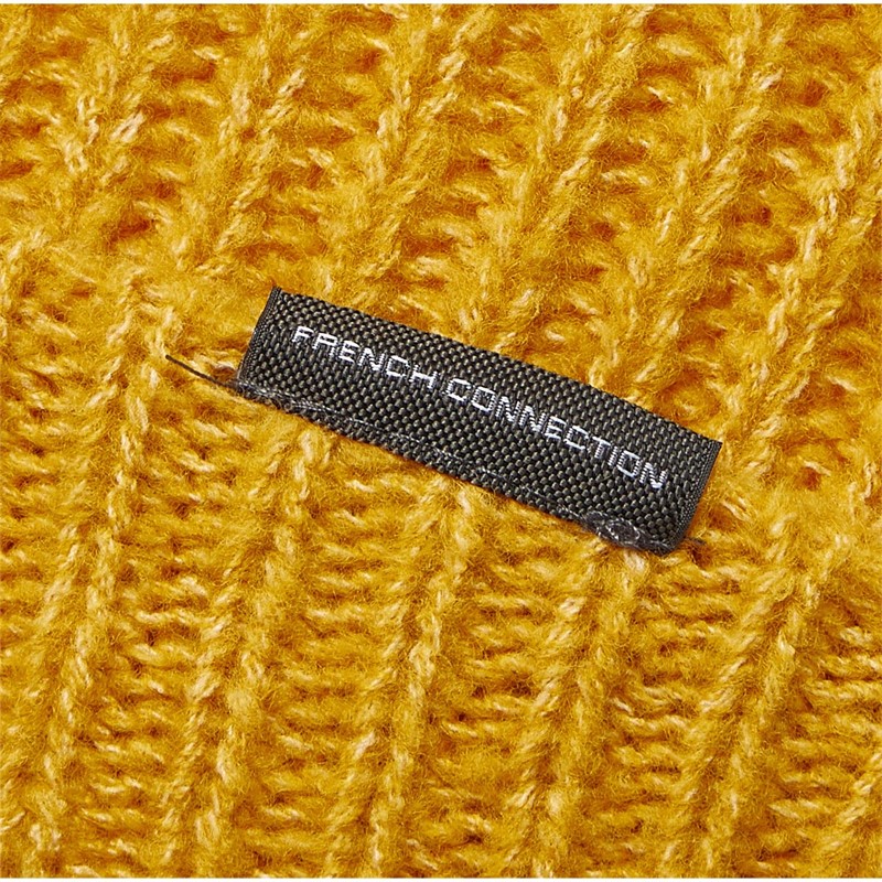 French Connection Womens Rib Knit Pom Pom Beanie Mustard
