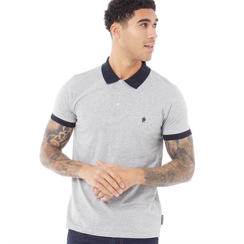 French Connection Mens Contrast Collar Polo Light Grey Melange/Marine