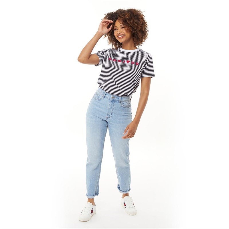 French Connection Womens Bonjour Stripe T-Shirt Dark Navy/White/Hot Pink