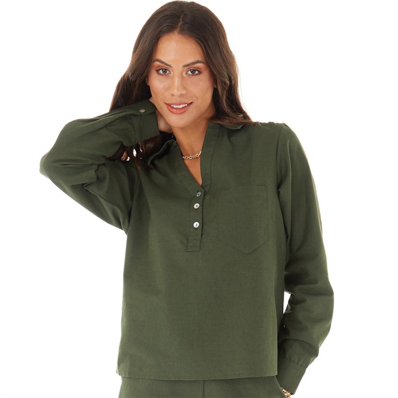 French Connection Womens Linen Blend Placket Top Olive