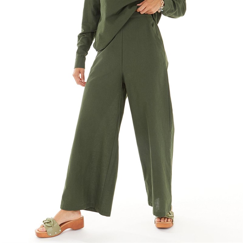 Buy French Connection Womens Wide Leg Pants Linen Blend Trousers Olive