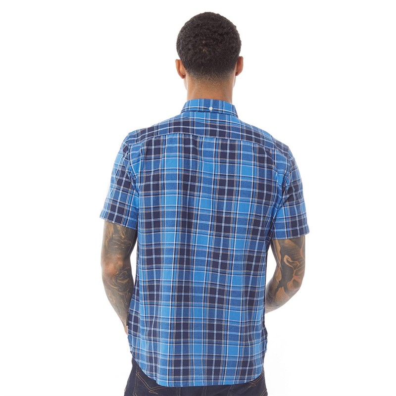 French Connection Mens Short Sleeve Checked Shirt Dark Blue Check