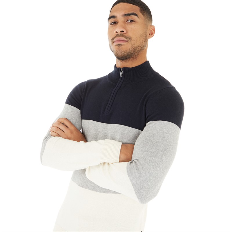 Buy French Connection Mens 1/4 Zip Block Jumper Marine/Light Grey Mel/Ecru