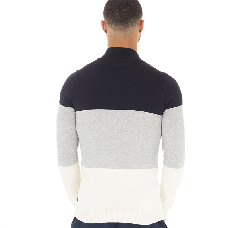Buy French Connection Mens 1/4 Zip Block Jumper Marine/Light Grey Mel/Ecru image.