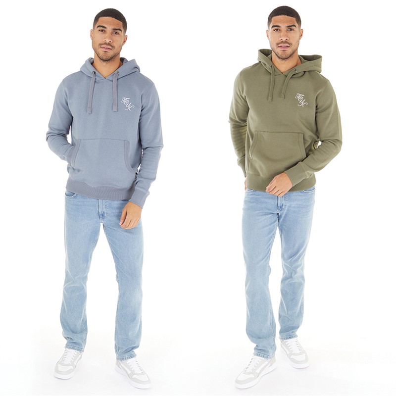 French Connection Mens Two Pack Script Hoodies Light Blue/White-Khaki/White