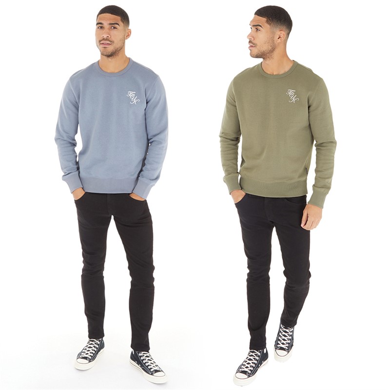 French Connection Mens Two Pack Script Sweatshirt Light Blue/White/Khaki/White
