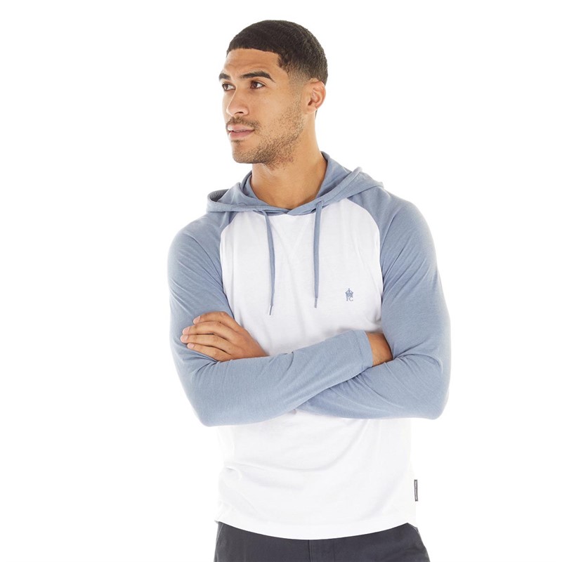 Buy French Connection Mens Raglan Hooded Top White Light Blue Melange
