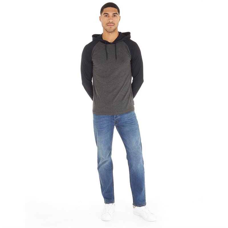 French Connection Mens Raglan Hooded Top Charcoal Melange/Marine