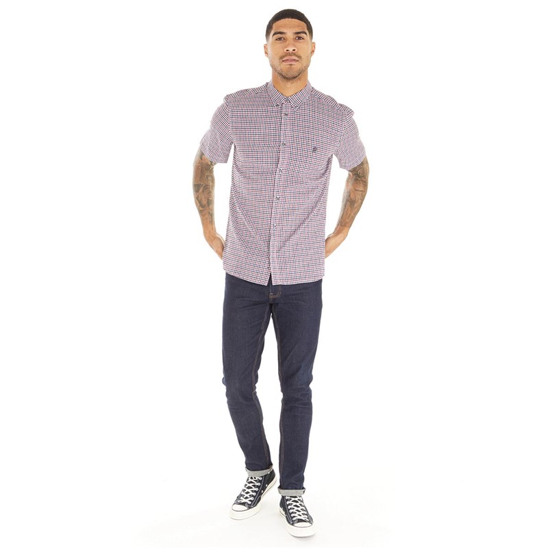 French Connection Mens Checked Short Sleeve Shirt Rvm Gingham/Marine Logo