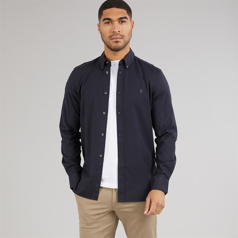 French Connection Mens Long Sleeve Oxford Shirt Solid Marine/Gunmetal