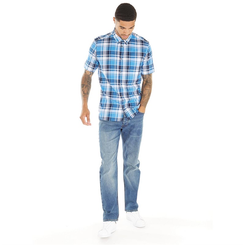 French Connection Mens Checked Short Sleeve Shirt Blue Multi