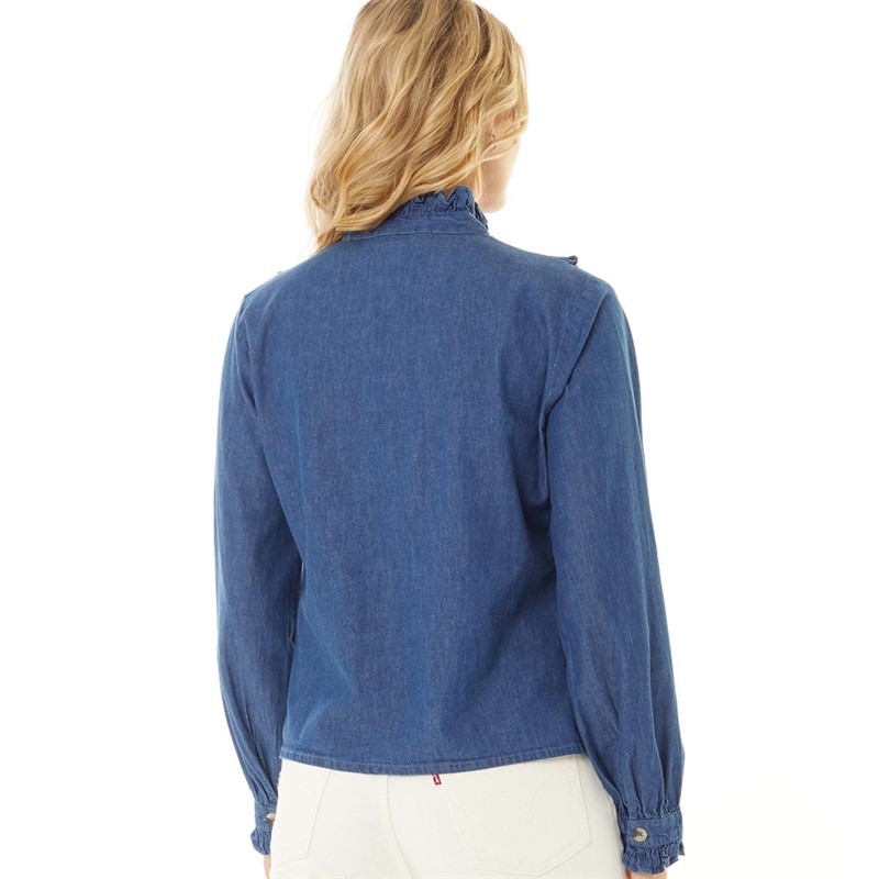 French Connection Womens Chambray Frill Shirt Dark Denim Blue