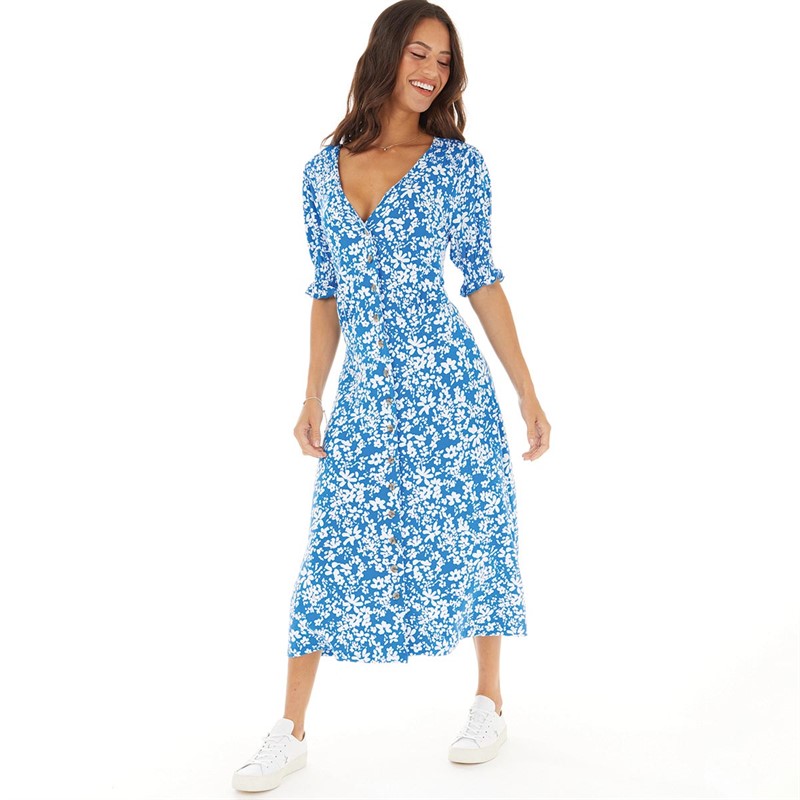 French Connection Womens Vee Button Thru M Dress Bright Blue/White