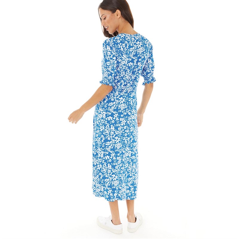 French Connection Womens Vee Button Thru M Dress Bright Blue/White