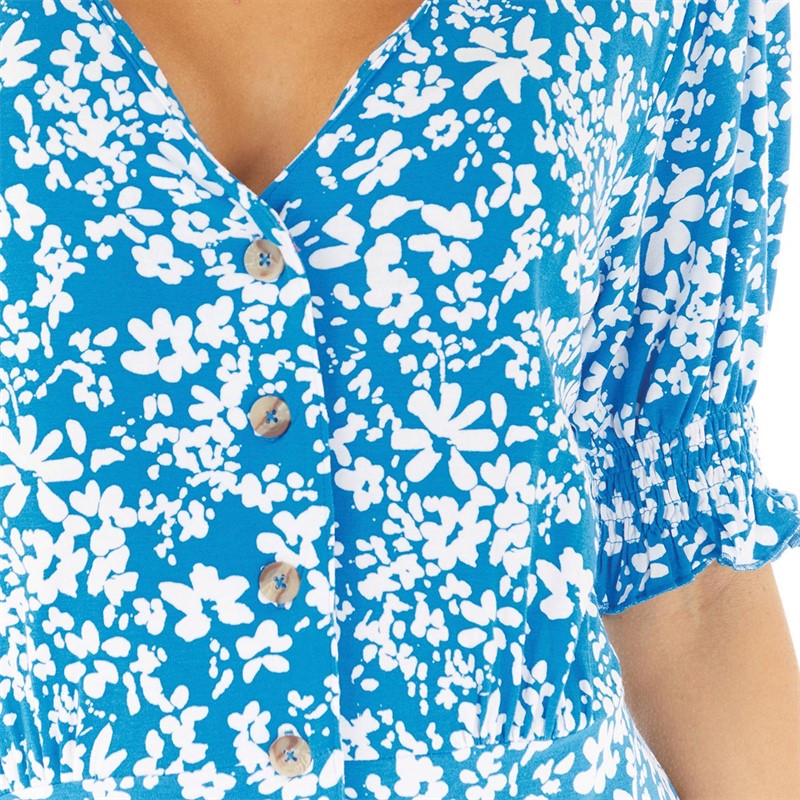 French Connection Womens Vee Button Thru M Dress Bright Blue/White