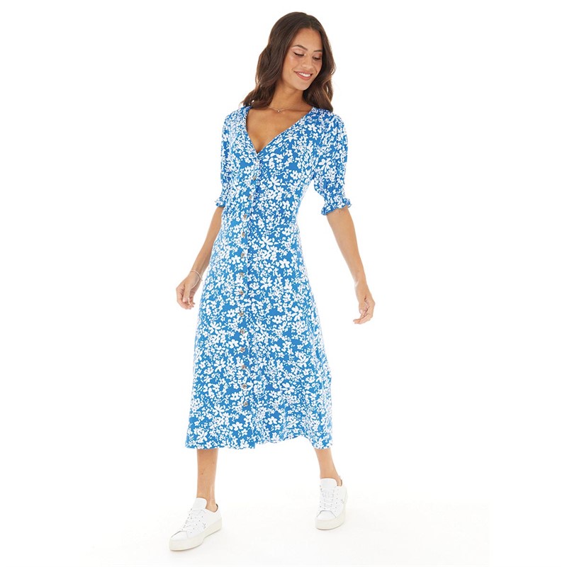 French Connection Womens Vee Button Thru M Dress Bright Blue/White