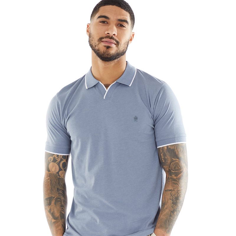 French Connection Mens Jersey Trophy Tipped Polo Light Blue Mel/White