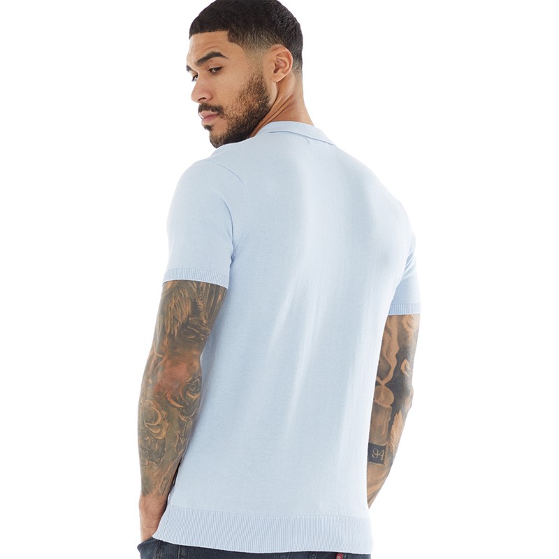 French Connection Mens Short Sleeve Cotton Zip Knit Polo Shirt Sky
