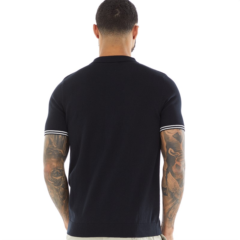 French Connection Mens Short Sleeve Tipped Knitted Shirt Marine/Ecru