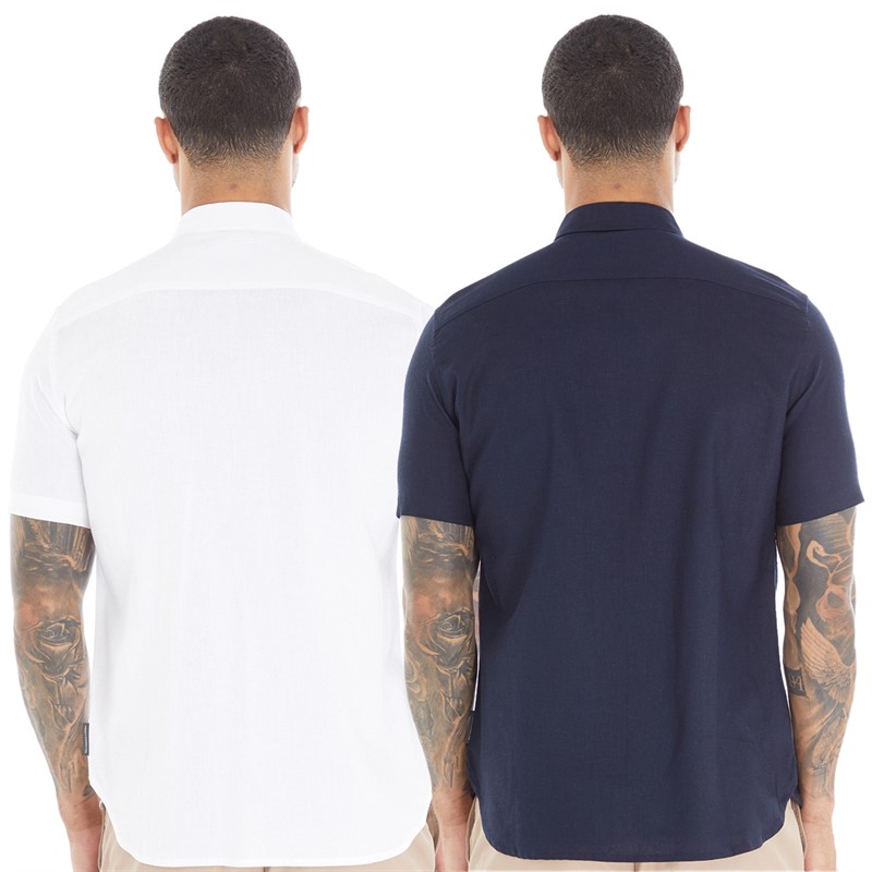 French Connection Mens Two Pack Short Sleeve Linen Shirts White/Marine